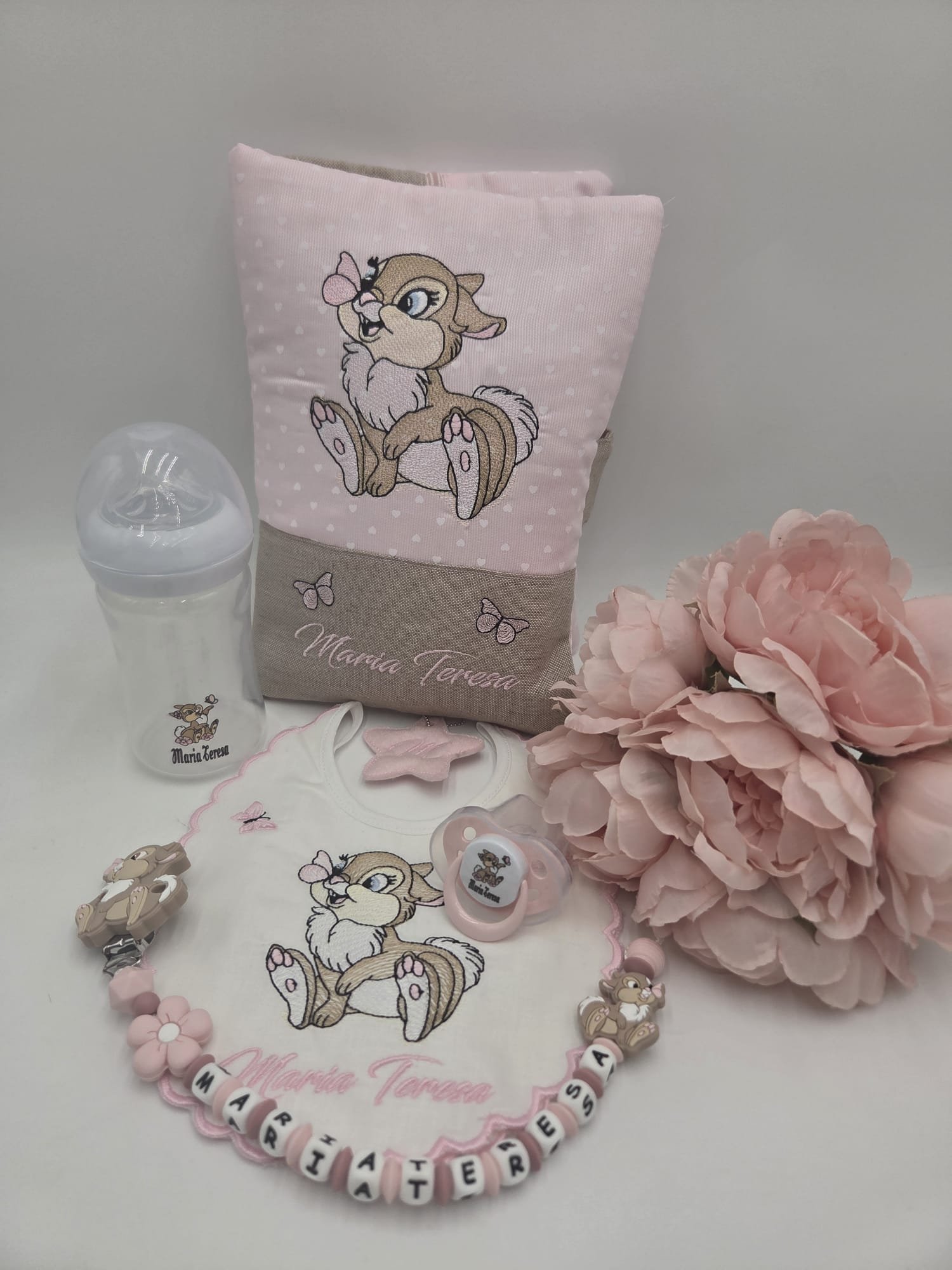 Set completo con catenella portaciuccio, ciuccio e biberon personalizzati