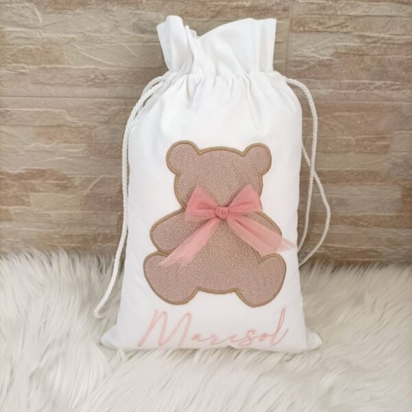 sbc-r15-13 Sacca Primo Cambio Orsetto Glitter con Fiocco in Tulle Rosa