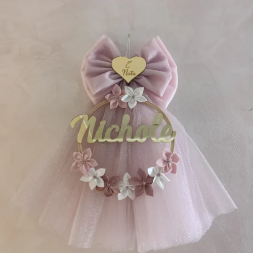 sbc-r4-175 Fiocco Nascita Cerchio Oro con Fiori e Tulle Rosa Glitter